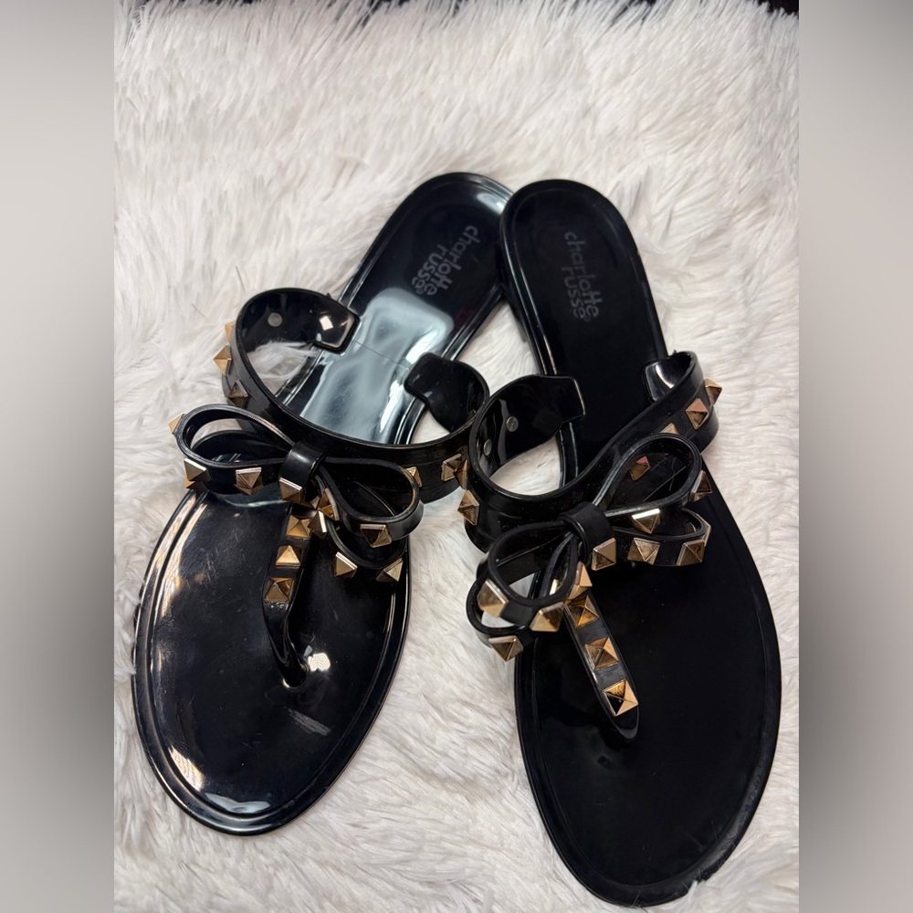 Charlotte Russe Black Jelly Bow Sandals with Gold Studs